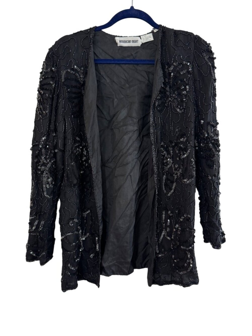 Vintage Black Beaded & Sequined Silk Jacket With Polyester Lining By American Ni